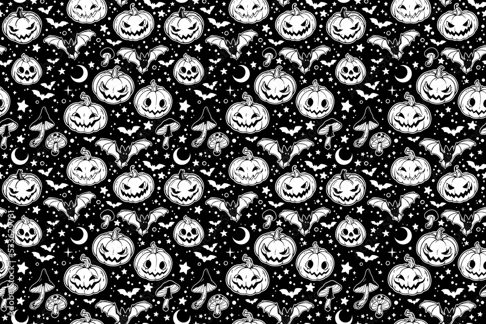 monochrome seamless pattern of haloween pumpkins