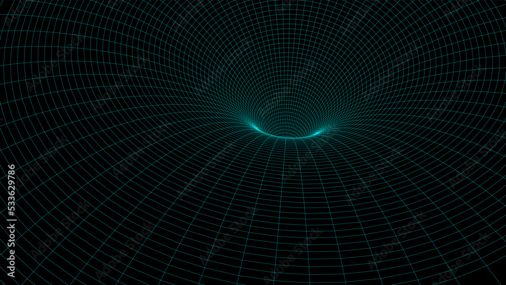 Abstract wireframe tunnel. Vector wormhole. 3D portal. Futuristic fantasy funnel.