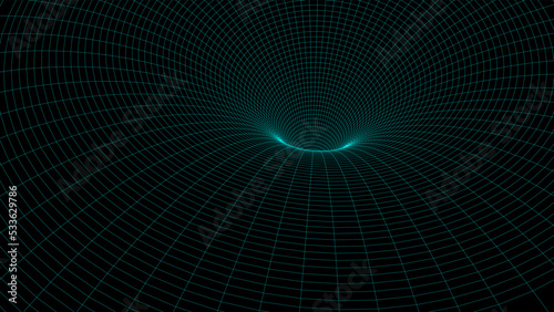 Abstract wireframe tunnel. Vector wormhole. 3D portal. Futuristic fantasy funnel.