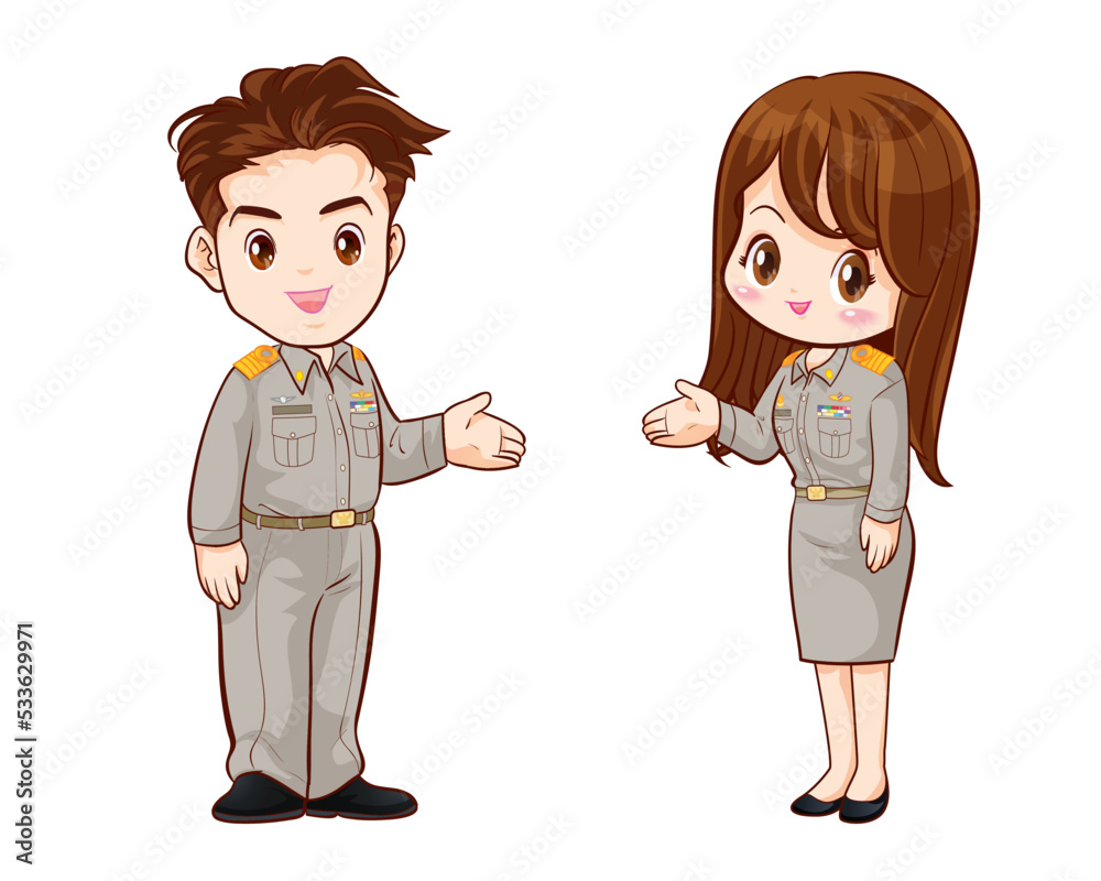 Thai government officers in uniform couple cartoon character greeting pose Thai government officers in uniform couple cartoon character greeting pose