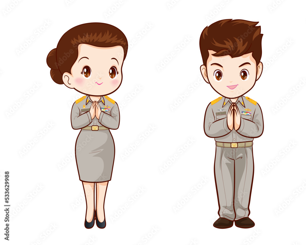 Thai government officers in uniform couple cartoon character greeting pose
