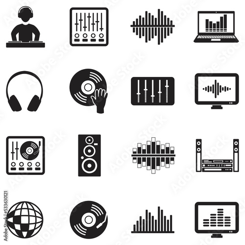 Electronic Music Icons. Black Flat Design. Vector Illustration.