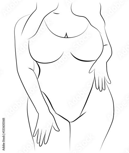 A happy big plump woman with a beautiful plus-size body. A plump beauty with a curvy figure. Modern obese and sexy people. Linear art.