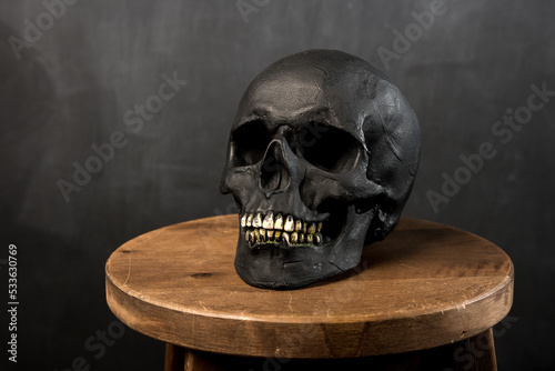 black skull on the background of the wall. close-up and space for text