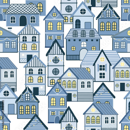 Vector Seamless pattern with hand drawn tree and house. Great for fabric  textile vector illustration