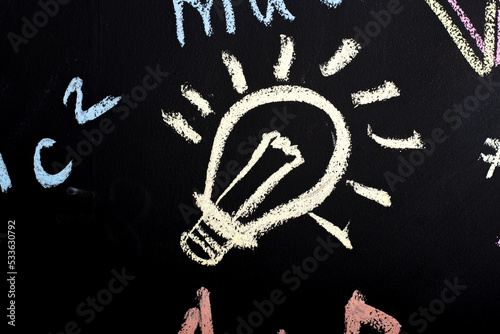 drawing of an incandescent light bulb with colored chalk on a slate wall