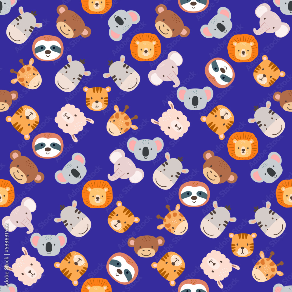 Seamless pattern with cute portrait animals head in cartoon style. Drawing african baby lion, giraffe and elephant faces isolated on blue background. Jungle animal Seamless pattern with cute portrait animals head in cartoon style. Drawing african baby lion, giraffe and elephant faces isolated on blue background. Jungle animal