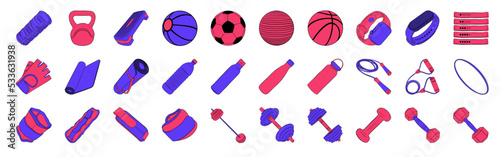 Gym. Equipment. Fitness routine. Active lifestyle. Hand drawn colorful illustration. Digital Clip art. Set. High resolution. Vector EPS10