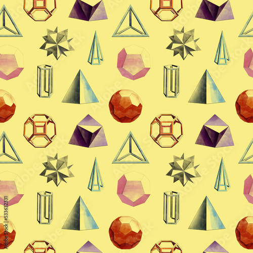 Geometric figures. Digital art. Creative hand drawn illustration. Unique graphic design for wrapping paper, textile, interior design. Image for printing. Realistic watercolor effect. Academic art. 