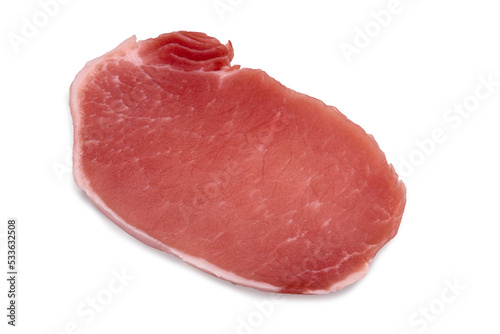 Pork loin slice, raw steak isolated on white, clipping path