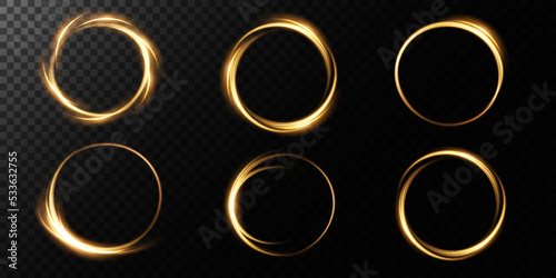 Golden glowing shiny spiral lines, round frames. Vector background. EPS10. Abstract effect of movement with the speed of light. Shiny wavy path. Light painting. Easy trail. Vector eps10.