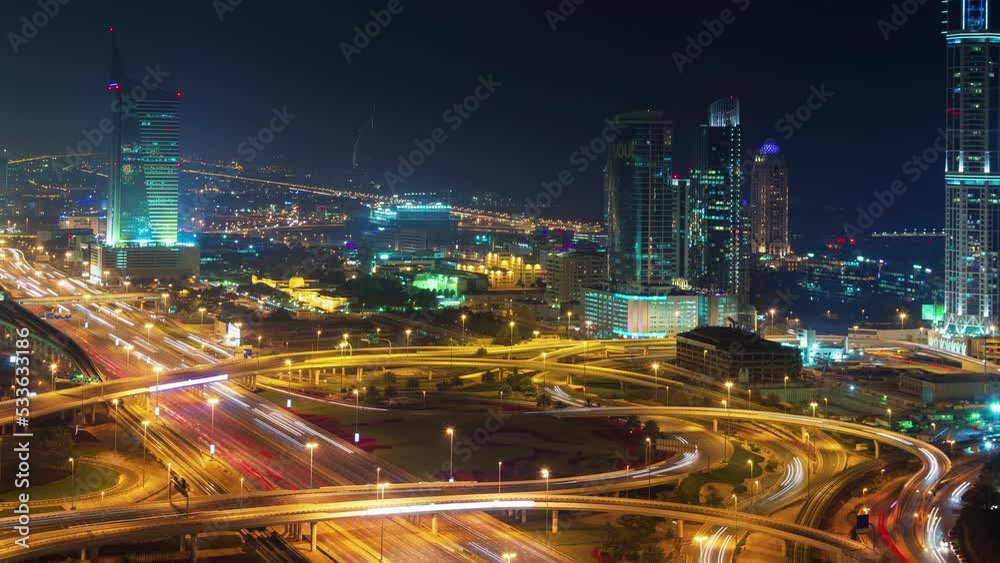night dubai marina main road traffic junction roof top panorama 4k time lapse uae