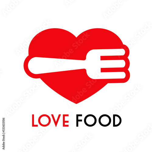 I love food. Cubiertos en corazón. Logotipo con silueta de tenedor en corazón