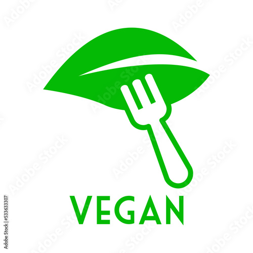 Concepto dieta vegana verde. Logo con texto Vegan con silueta lineal de tenedor sobre hoja de planta