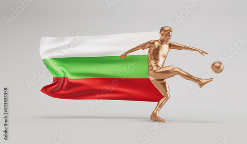 Golden soccer football player kicking a ball with bulgaria waving flag. 3D Rendering