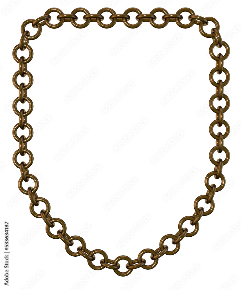 Bronze chain. 3D rendering illustration. Shield frame. Bronze chain. 3D rendering illustration. Shield frame.