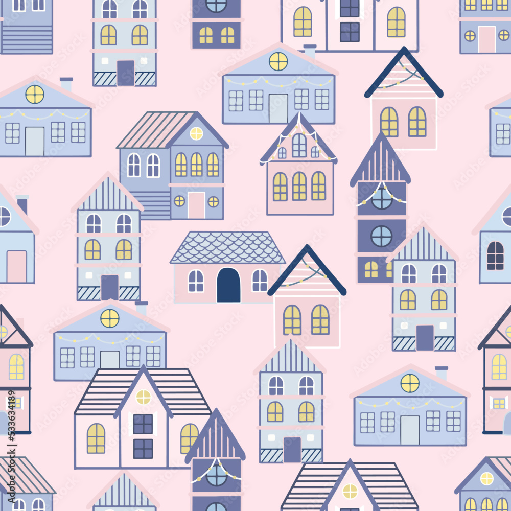 Seamless pattern of doodle houses. Great for fabric, textile vector illustration