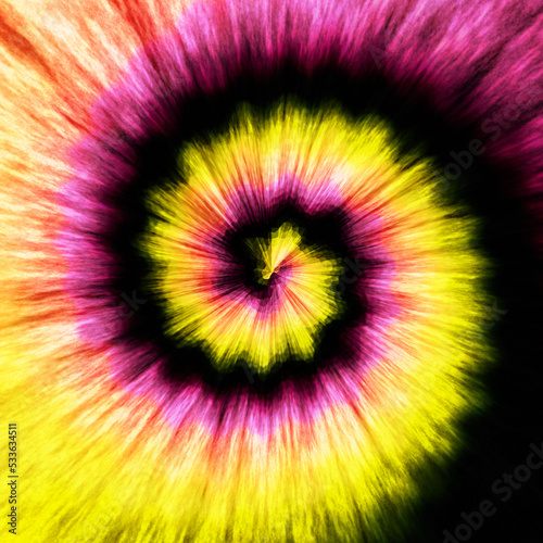 Tie dye pattern abstract background, Fashionable Pastel Textile Watercolour. Rainbow Artistic Circle. Tiedye Swirl. Vibrant Spiral Texture. Magic Fantasy Dirty Painting. Black, pink, yellow, orange
