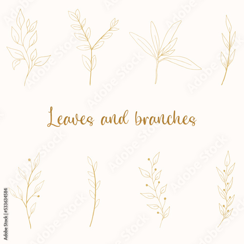 Gold leaves and branches on pale background. Hand drawn art of various floral elements. Elegant design