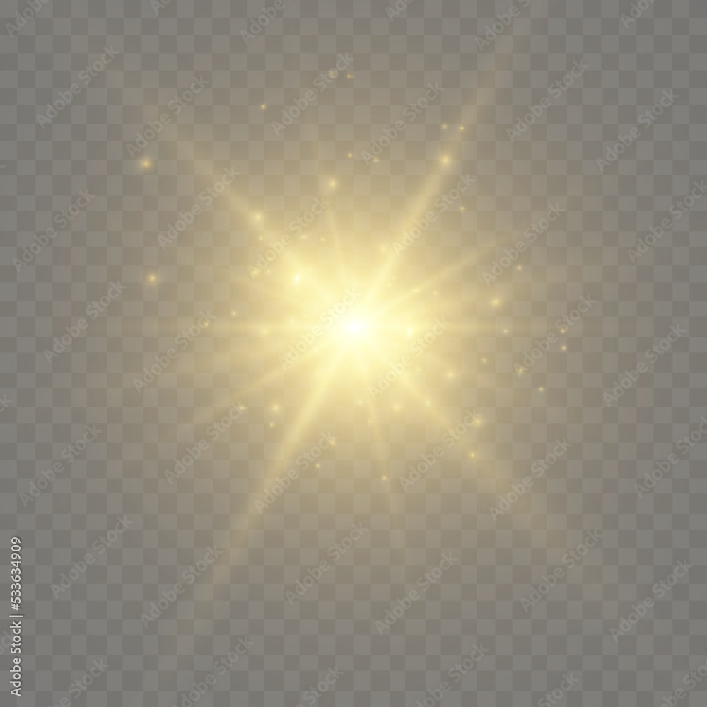 Gold glowing light explodes on a transparent background. Bright Star. Transparent shining sun, bright flash. Vector graphics.