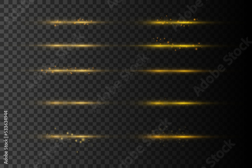 Set of flashes, Lights, Sparkles on transparent background. Bright gold glares. Abstract golden lights isolated. Yellow horizontal lens flares pack. Laser beams, horizontal light rays, lines. Vector