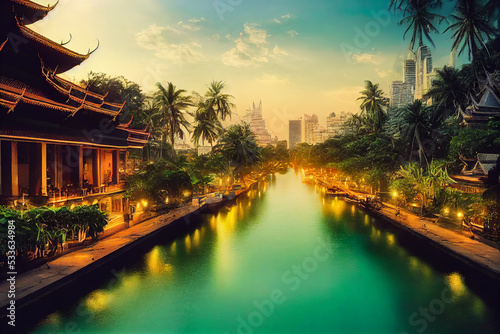 Fotografija A digital artwork illustration poster featuring the Chao Phraya River passage surrounded by traditional Thai architecture and buildings