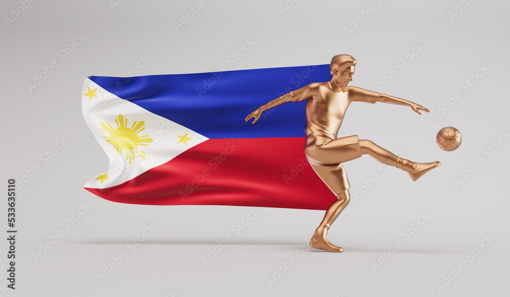 Golden soccer football player kicking a ball with philippines waving flag. 3D Rendering