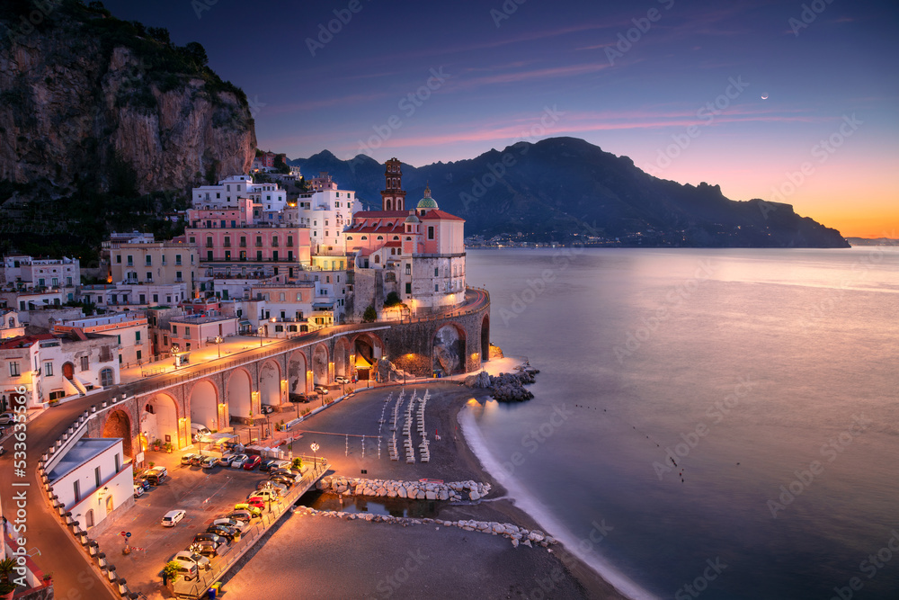 Atrani, Amalfi Coast, Italy. Aerial cityscape image of famous city Atrani located on Amalfi Coast, Italy at sunrise.