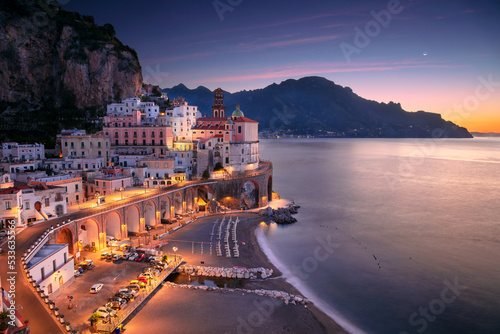 Obraz na płótnie Atrani, Amalfi Coast, Italy. Aerial cityscape image of famous city Atrani located on Amalfi Coast, Italy at sunrise. w salonie