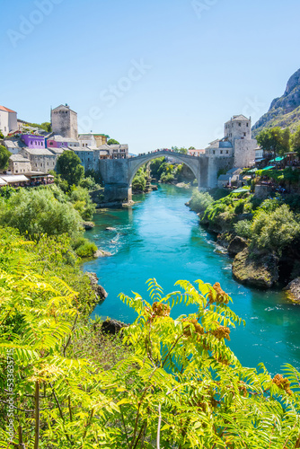 Historical Mostar Bridge known also as Stari Most or Old Bridge in Mostar  Bosnia and Herzegovina