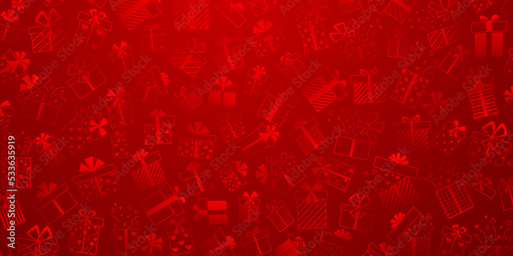 Background of gift boxes with bows and different patterns, in red colors