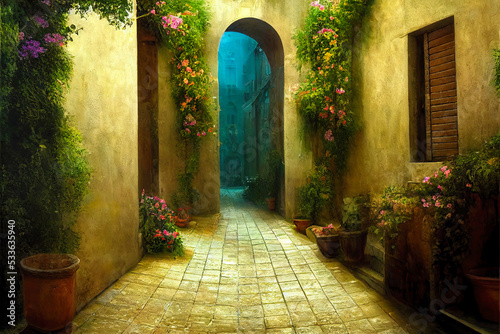 Fototapet Mediterranean alleyway street illustration lined up with pink flowers and cobblestone