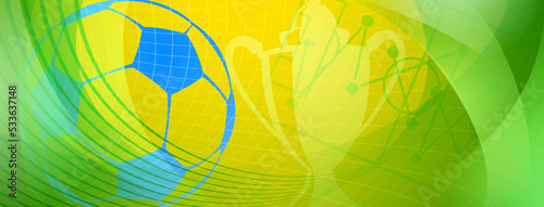 Abstract background on a football theme with big ball and other soccer symbols in national colors of Brazil