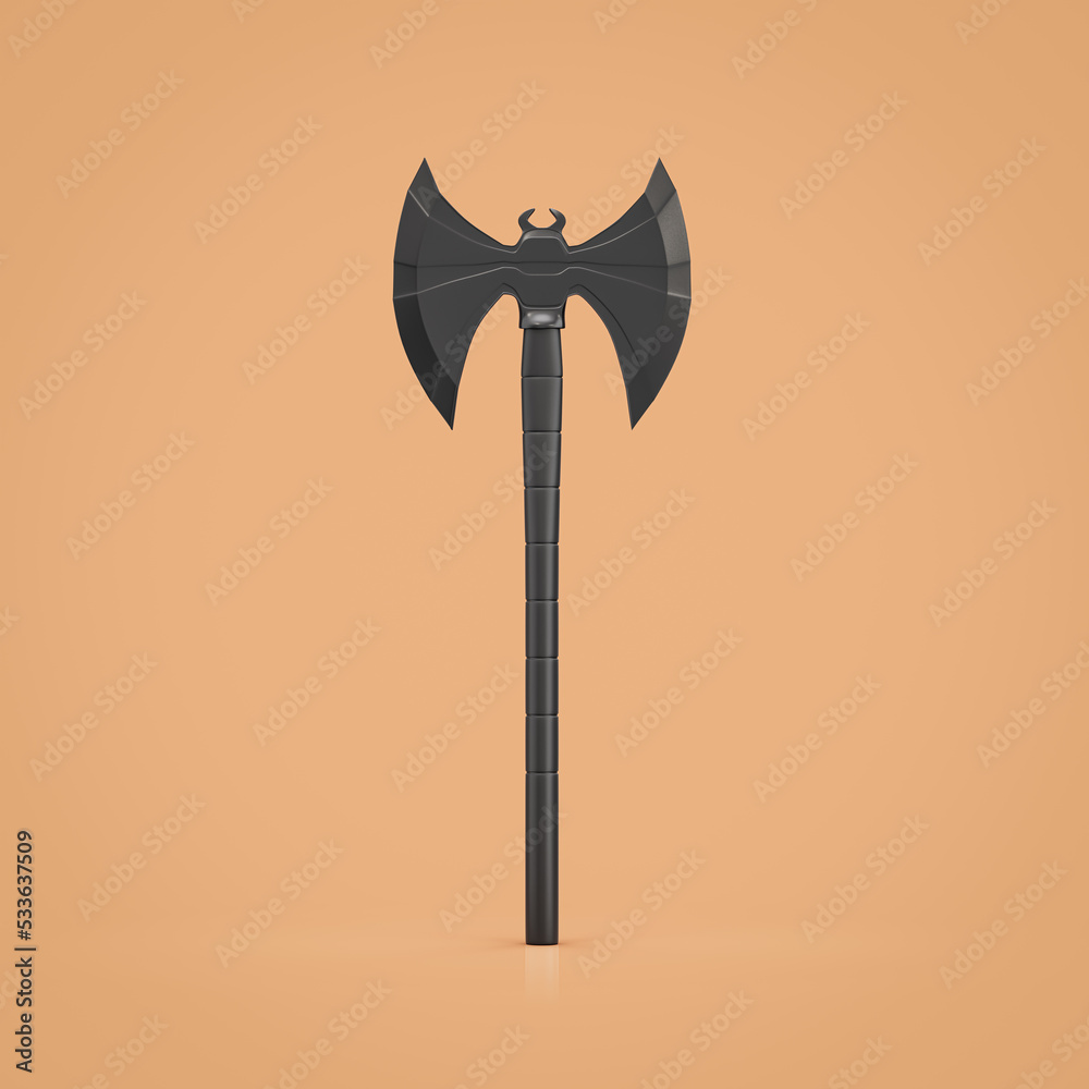 Ancient battle axe. Double blade fantasy game battleaxe, dark hatchet
