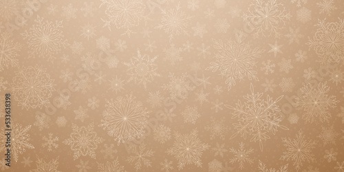 Background of complex big and small Christmas snowflakes in beige colors. Winter illustration with falling snow