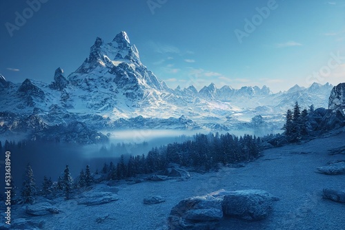 イラスト 雪山 山 自然 湖 氷 森 針葉樹 photo