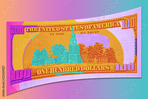 Contemporary artwork background with colored banknote. Digital texture backdrop. Trendy pop art fun culture. Neural network art poster. Funky punk collage design. Creative concept money illustration.