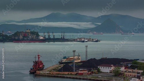 sunset light vladivostok industrial port bay panorama 4k time lapse russia