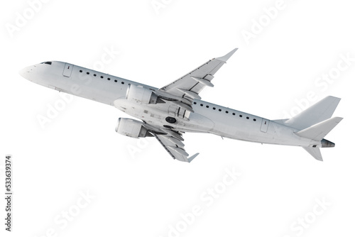White passenger jet plane fly isolated on white background