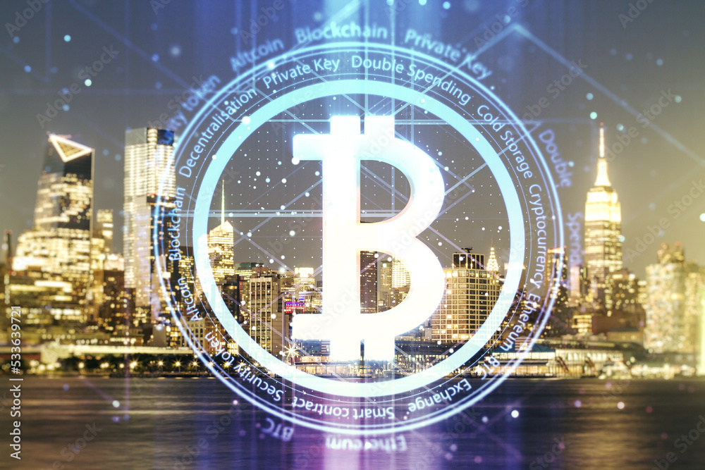Virtual Bitcoin sketch on New York cityscape background. Double exposure
