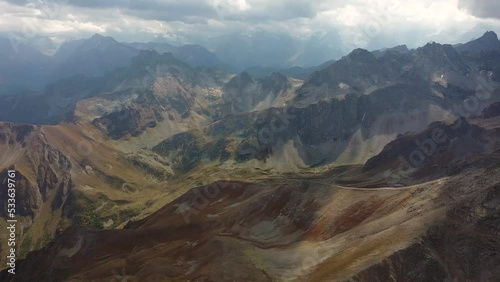 Caucasus mountains with lakes in summer from the height of the drone