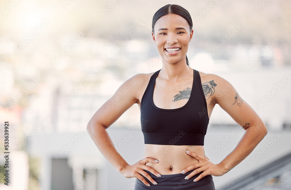 Portrait of black woman athlete, with a healthy body and a smile after training exercise success. Working out with passion, motivation and energy is important for health fitness or sports performance