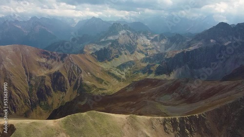 Caucasus mountains with lakes in summer from the height of the drone