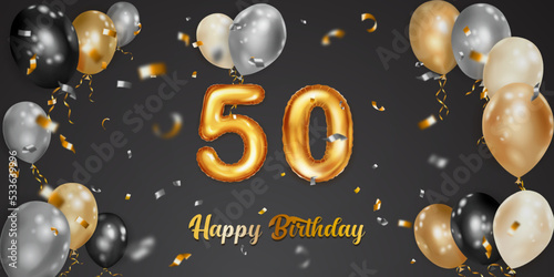 Festive birthday illustration with white, black and gold helium balloons, big number 50 golden foil balloon, flying shiny pieces of serpentine and inscription Happy Birthday on dark background