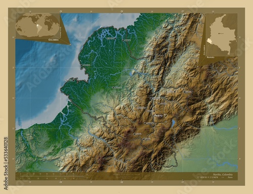 Narino, Colombia. Physical. Labelled points of cities photo