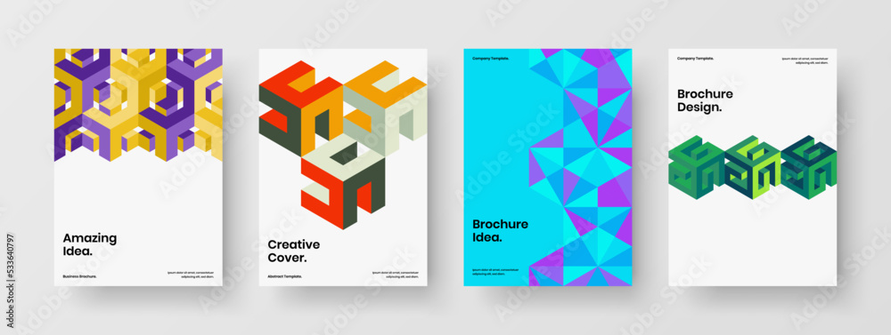 Creative corporate brochure A4 design vector concept collection. Modern geometric hexagons handbill illustration composition.