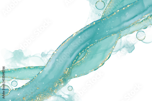 Pastel cyan mint liquid marble watercolor background with gold lines and brush stains. Teal turquoise marbled alcohol ink drawing effect. Vector illustration backdrop, watercolour wedding invitation.