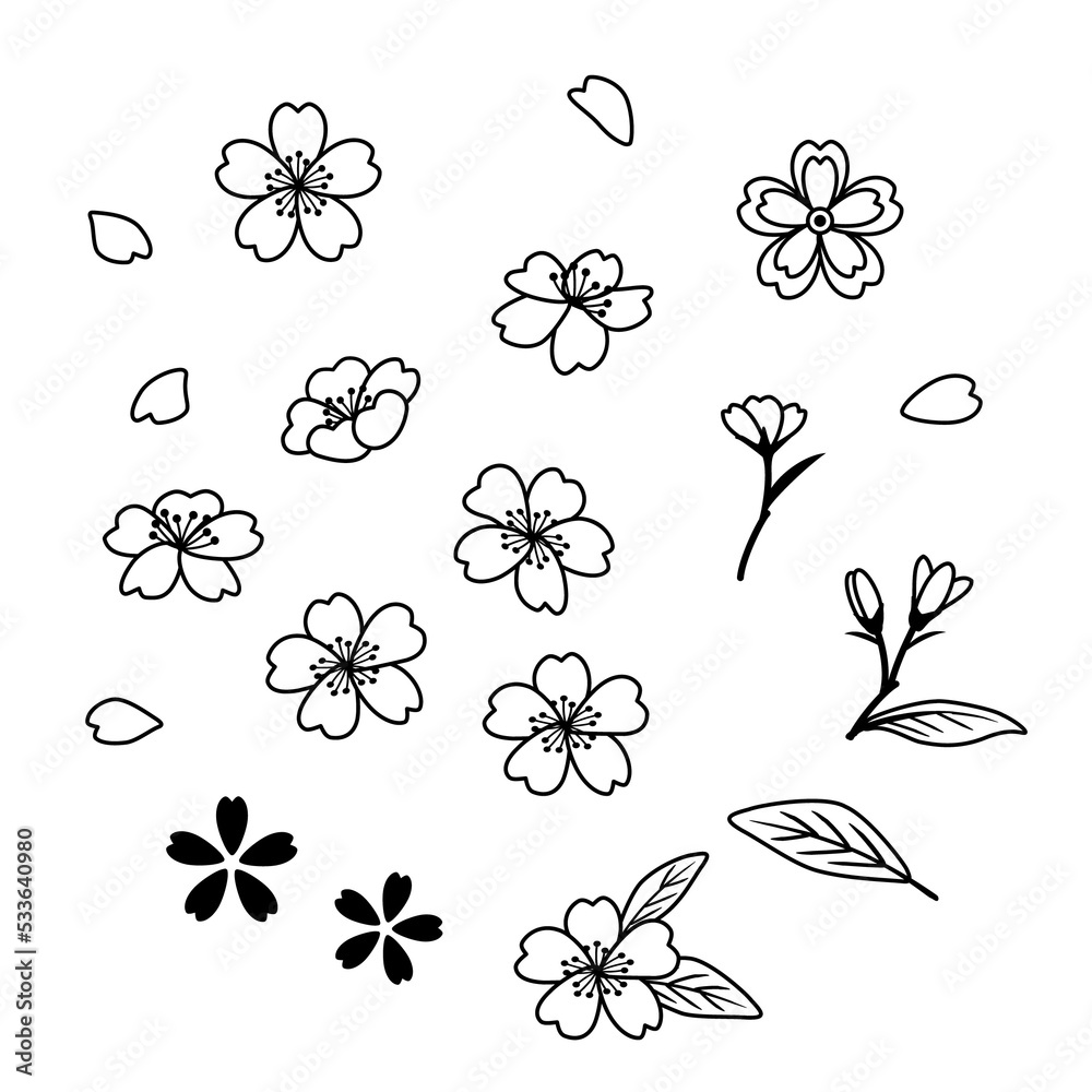 Cherry blossom flower outline illustration set Stock Illustration