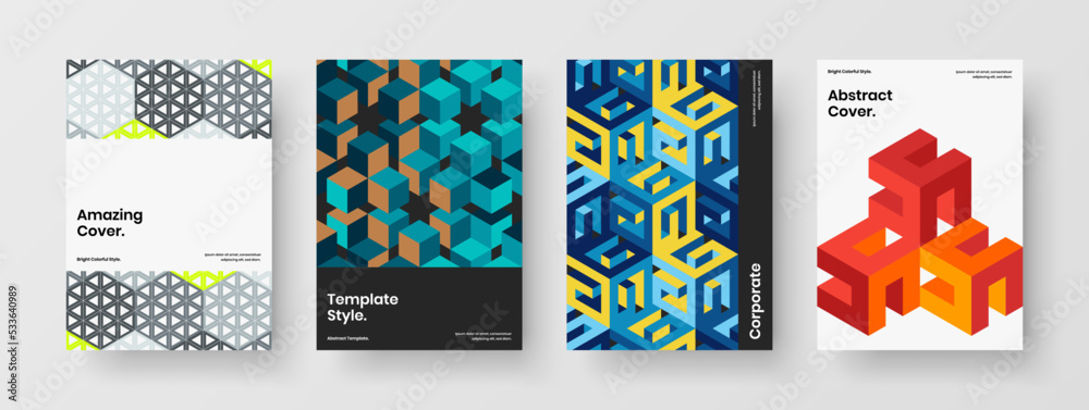 Simple flyer design vector layout bundle. Colorful geometric tiles booklet concept composition.