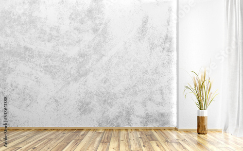 Fototapeta Naklejka Na Ścianę i Meble -  Interior background of room with gray stucco or concrete wall and window. Decorative vase with grass. 3d rendering